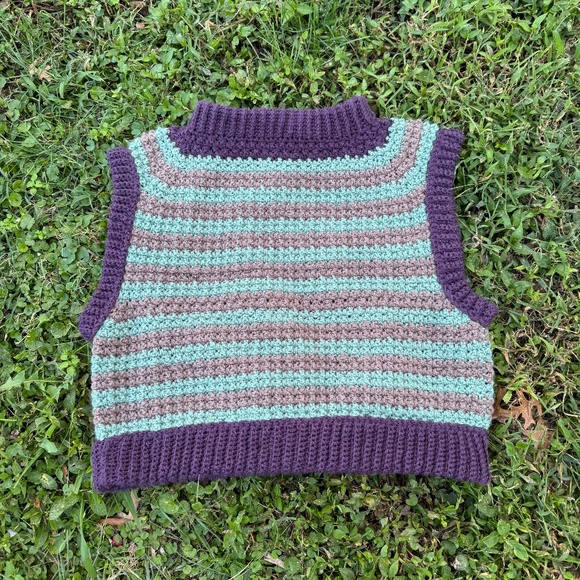 Handmade Tan and Green Striped Crochet Vest - Picture 3 of 5